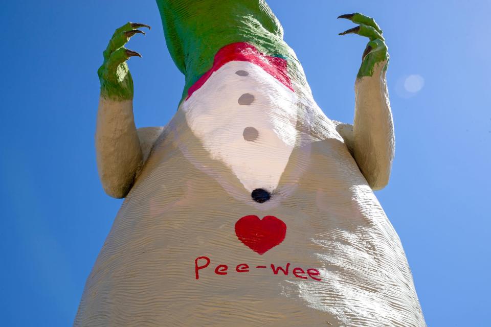 Following the passing of 'Pee-wee's Big Adventure star', Paul Reubens, the famous Mr. Rex at the Cabazon Dinosaurs features a fresh coat of paint in tribute to the actor in Cabazon, Calif., on Wednesday, August 2, 2023. The Cabazon Dinosaurs were featured in the film with Reubens.
