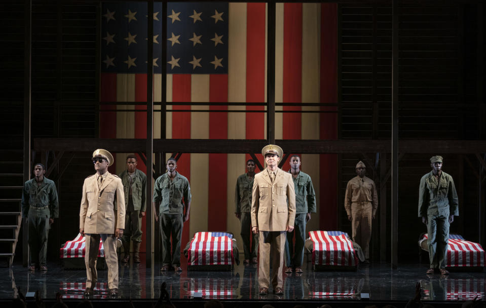 This image released by Polk & Co. shows the cast during a performance of "A Soldier's Play," in New York. (Joan Marcus/Polk & Co. via AP)