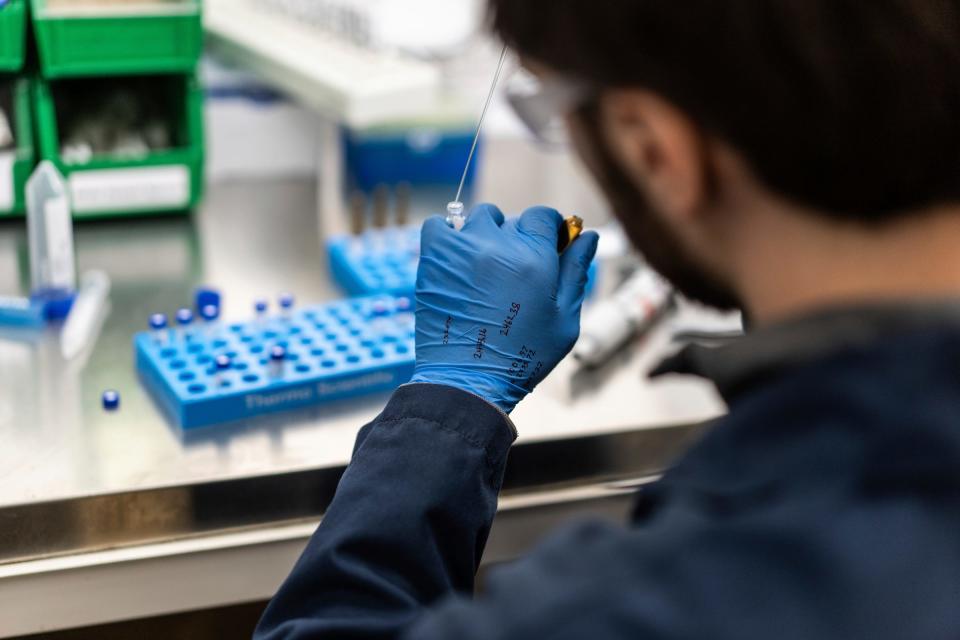 Lab analyst Maverick Hanson-Meier extracts samples to test for terpenes to tell what type of volatile components are contributing to the overall smell of a THC product being tested at Infinite Chemical Analysis Labs in Jackson on Wednesday, April 10, 2024.