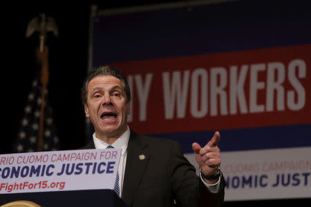 New York Governor Andrew Cuomo speaks at a union rally for higher minimum wages in New York January 4, 2016. REUTERS/Lucas Jackson