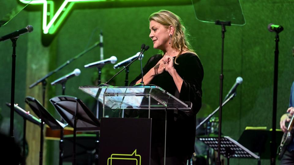 new york, new york october 09 pamela harrington speaks onstage during revels revelations 11 hosted by bring change to mind in support of teen mental health at city winery on october 09, 2023 in new york city photo by noam galaigetty images