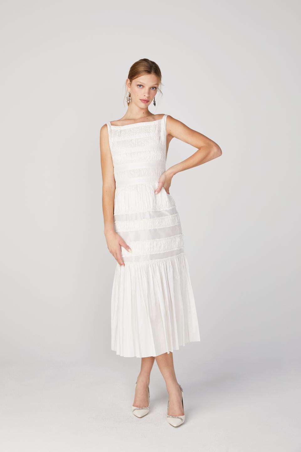 9) Devon Shirred Dress in White Taffeta