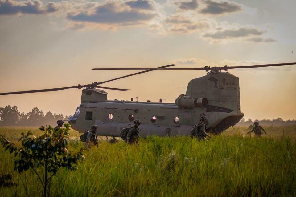 Helicopter crews assigned to the 82nd Combat Aviation Brigade, 82nd Airborne Division, conduct a joint air assault operation with Paratroopers assigned to 2nd Brigade Combat Team, 82nd Airborne Division during an Aug. 19, 2023, Culminating Training Exercise - Operation Giant on Fort Liberty. The Combat Aviation Brigade will be deploying in the fall.