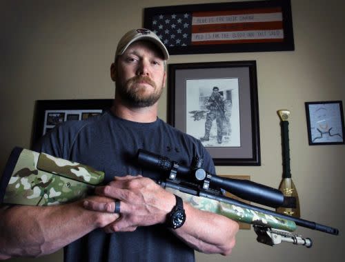 FILE - In this April 6, 2012 file photo, Chris Kyle, a former Navy SEAL and author of the book “American Sniper,” poses in Midlothian, Texas. Jury selection begins Monday, Feb. 9, 2015, for the upcoming trial of former Marine Eddie Ray Routh, who is charged with capital murder in the shooting deaths of Kyle and Kyle's friend, Chad Littlefield. (AP Photo/The Fort Worth Star-Telegram, Paul Moseley, File)