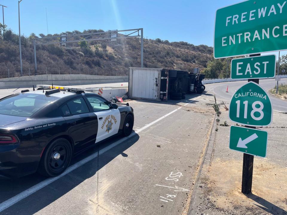 An overturned semitrailer hauling a load of bananas closed an onramp in Moorpark for hours on Friday.