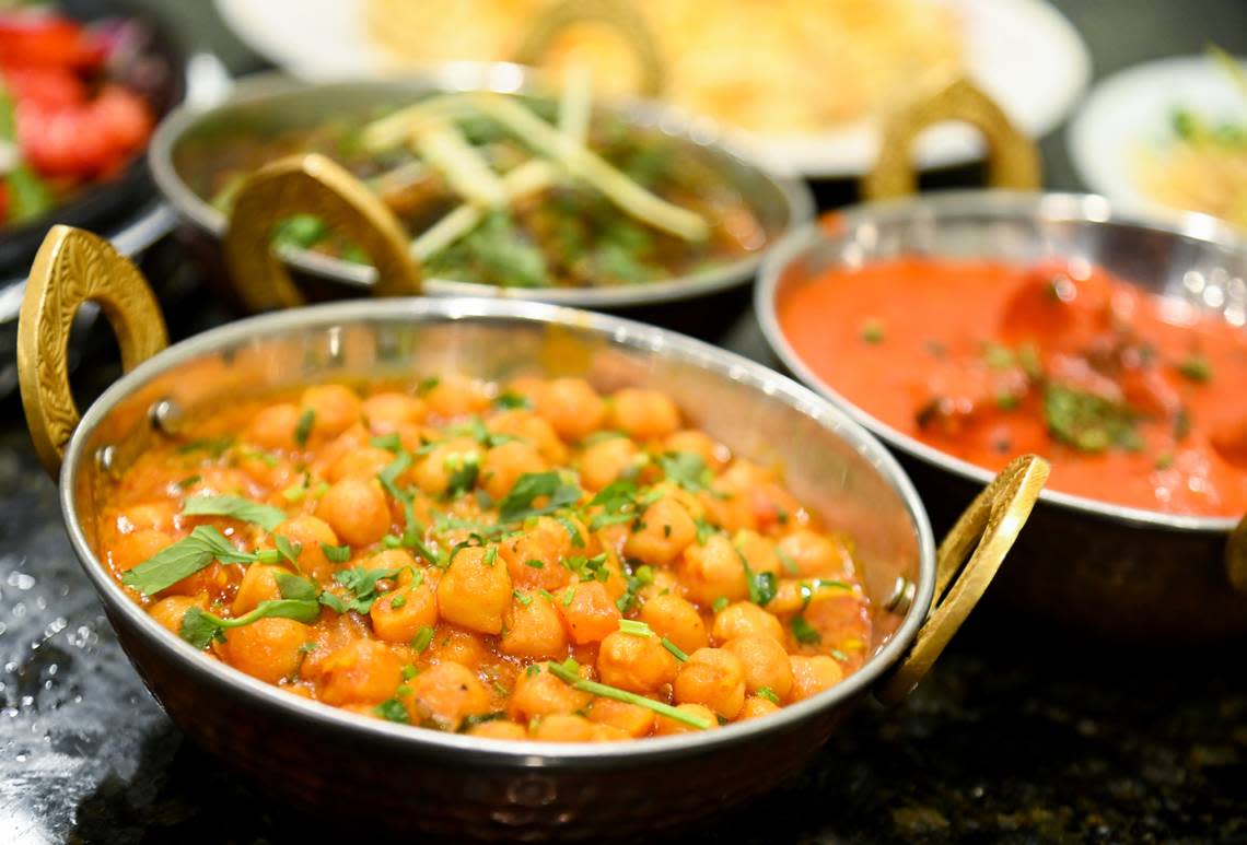 Chana Masala, a dish made with chick peas cooked with potatoes and spices in a brown curry sauce, served up at Bombay Curry in Macon.