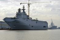 Mistral-class vessels docked in the western French port of Saint-Nazaire