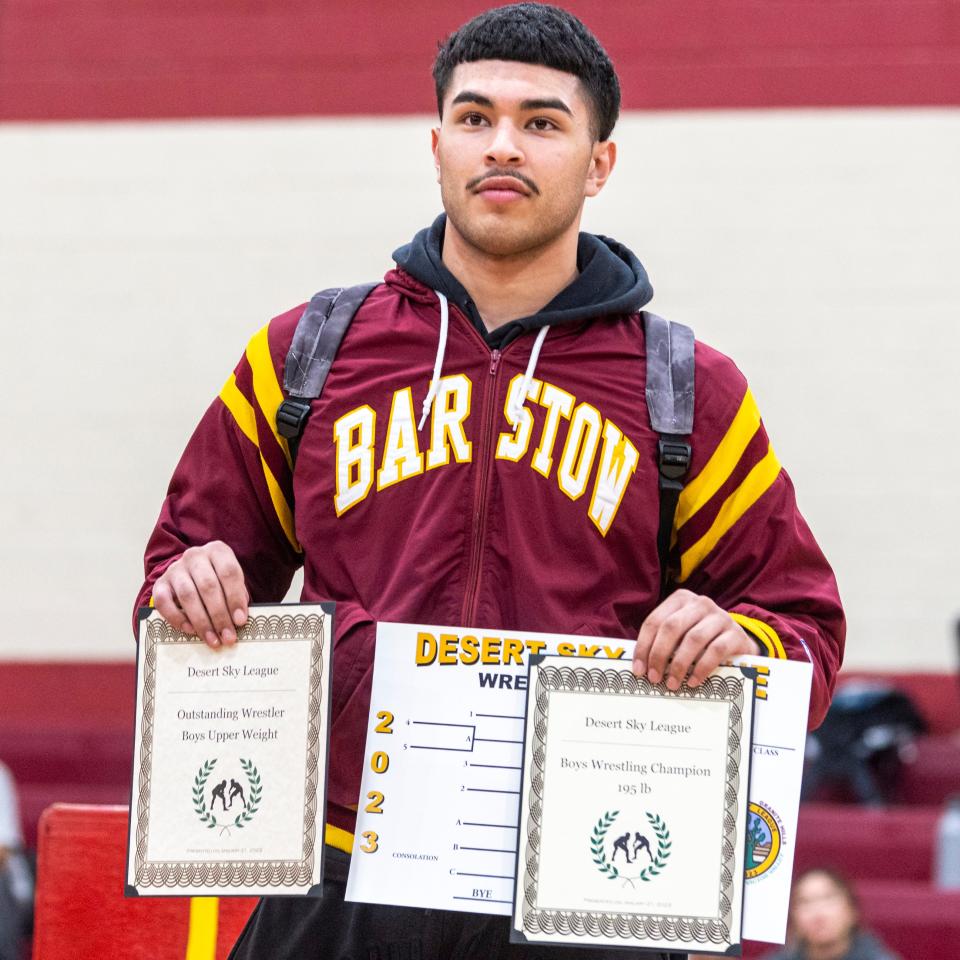 Barstow's Diego Garcia was named the boys upper-weight MVP at the Desert Sky League wrestling finals on Saturday, Jan. 21, 2023.