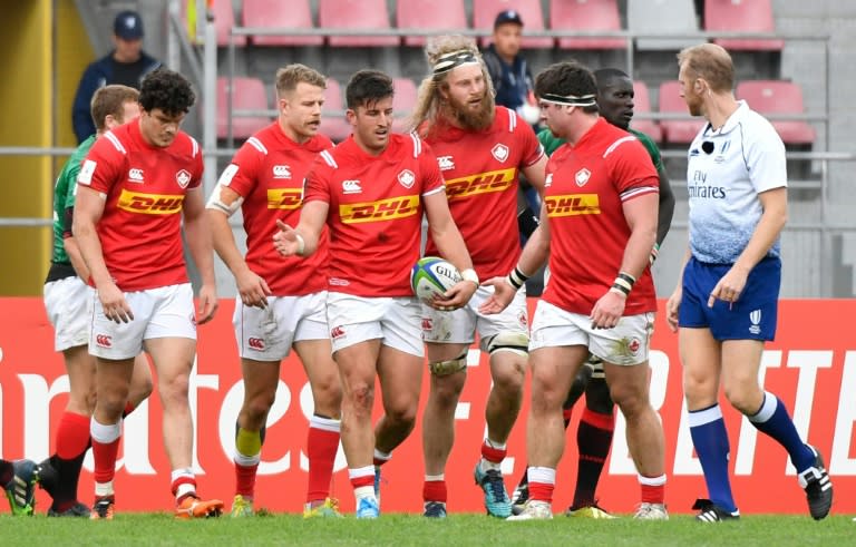 Canada's DTH van der Merwe celebrates scoring one of his three tries in the North Americans' Rugby World Cup qualifier victory over Kenya