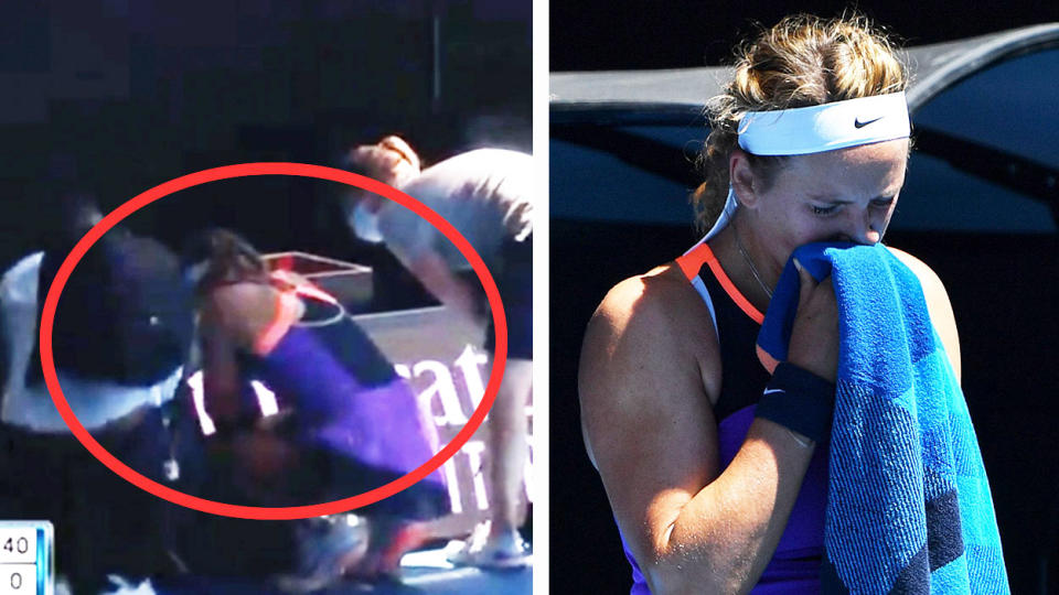 Victoria Azarenka (pictured left) on her knees struggling to breathe in the heat and (pictured right) leaving court in distress.