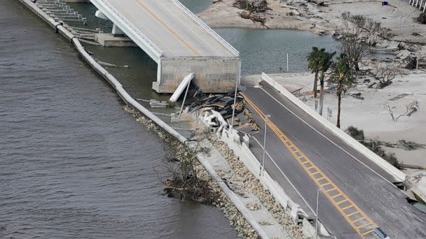 PHOTO: A damaged causeway to Sanibel Island is seen in the aftermath of Hurricane Ian, Sept. 29, 2022, near Sanibel Island, Fla. (Wilfredo Lee/AP)