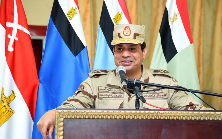 A picture released by the Egyptian Presidency on July 4, 2015, shows President Abdel Fattah al-Sisi addressing troops during a visit to the Sinai Peninsula