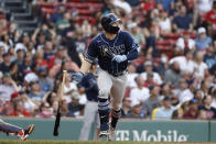 Tampa Bay Rays' Austin Meadows drops his bat as he watches his baseball game-tying inside-the-park home run against the Boston Red Sox during the ninth inning Monday, Sept. 6, 2021, at Fenway Park in Boston. (AP Photo/Winslow Townson)