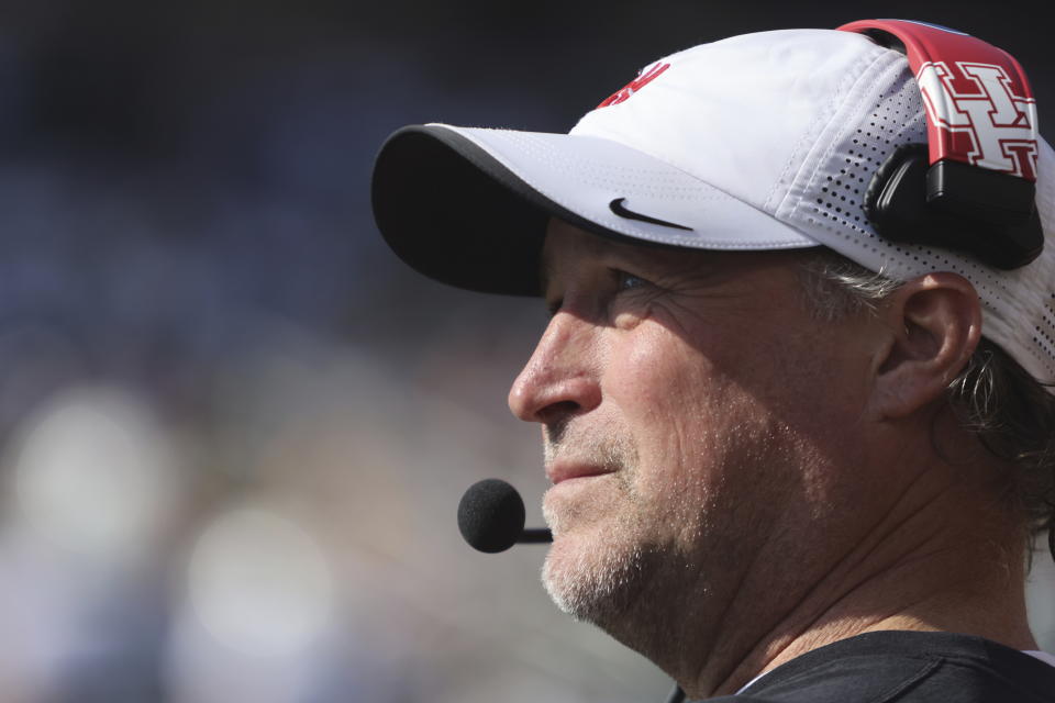 Houston head coach Dana Holgorsen looks on from the sidelines against Baylor in the first half of an NCAA college football game, Saturday, Nov. 4, 2023, in Waco, Texas. (Rod Aydelotte/Waco Tribune-Herald via AP)