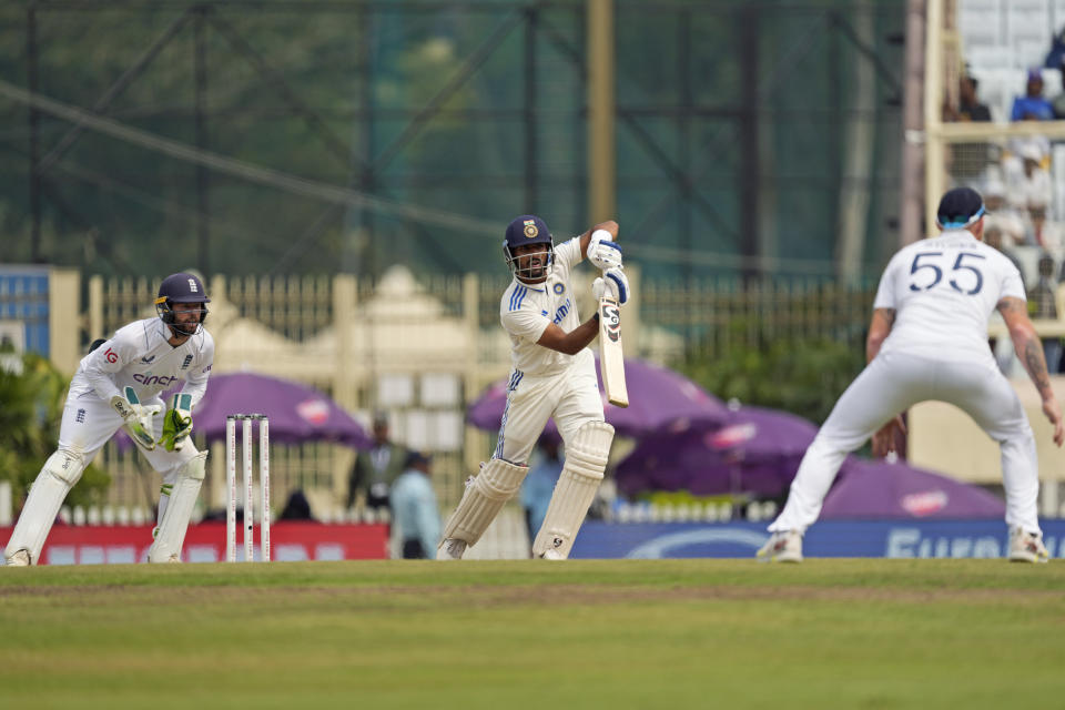 India's Dhruv Jurel, center, plays a shot on the third day of the fourth cricket test match between England and India in Ranchi, India, Sunday, Feb. 25, 2024. (AP Photo/Ajit Solanki)