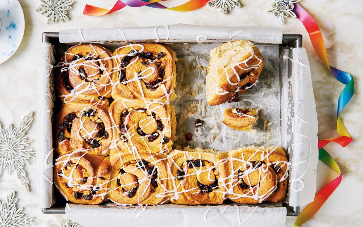 These tear-and-shared spiral buns are inspired by the original festive bake, with spices, fruit and almond paste - No Unauthorized Use