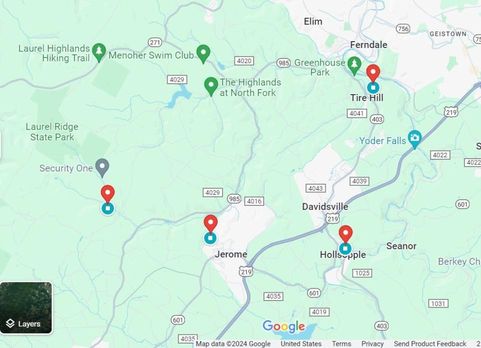 This map shows the five locations where waterlines are to be replaced over the next two years by the Conemaugh Township Municipal Authority. There are two projects scheduled at the location pictured on the far left, near Route 985.