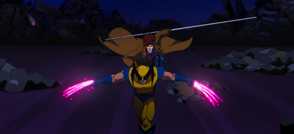 Wolverine (Cal Dodd) and Gambit (AJ LoCascio) in X-Men '97. (Image: Disney+ & Marvel Animation)