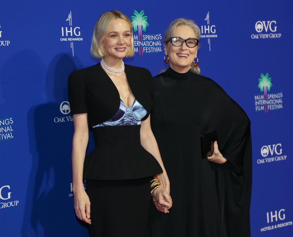 Meryl Streep and Carey Mulligan are photographed on the red carpet during the Palm Springs International Film Festival Film Awards Presentation at the Palm Springs Convention Center in Palm Springs, Calif., on Thurs., Jan. 4, 2024.