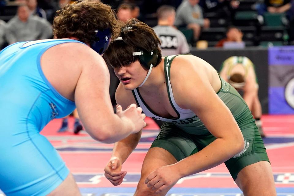Connor Martin of Delbarton, right, wrestles Jackson Harris of Shawnee in a 285-pound bout on day one of the NJSIAA state wrestling tournament in Atlantic City on Thursday, March 2, 2023.