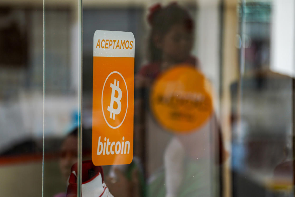 SAN SALVADOR, EL SALVADOR - 2023/05/30: A bitcoin acceptance sign seen in San Salvador. The Bukele administration has ended its fourth year in office ahead of a questioned re-election bid. The country has been placed under an ongoing state of emergency to combat gangs that have been in place for 14 months, leaving more than 68 thousand alleged gang members arrested. In the last year, the country hit some of its highest inflation numbers ever and was close to default, as the country has little liquidity, continuing with its push for Bitcoin, a deal with the IMF was not reached. (Photo by Camilo Freedman/SOPA Images/LightRocket via Getty Images)