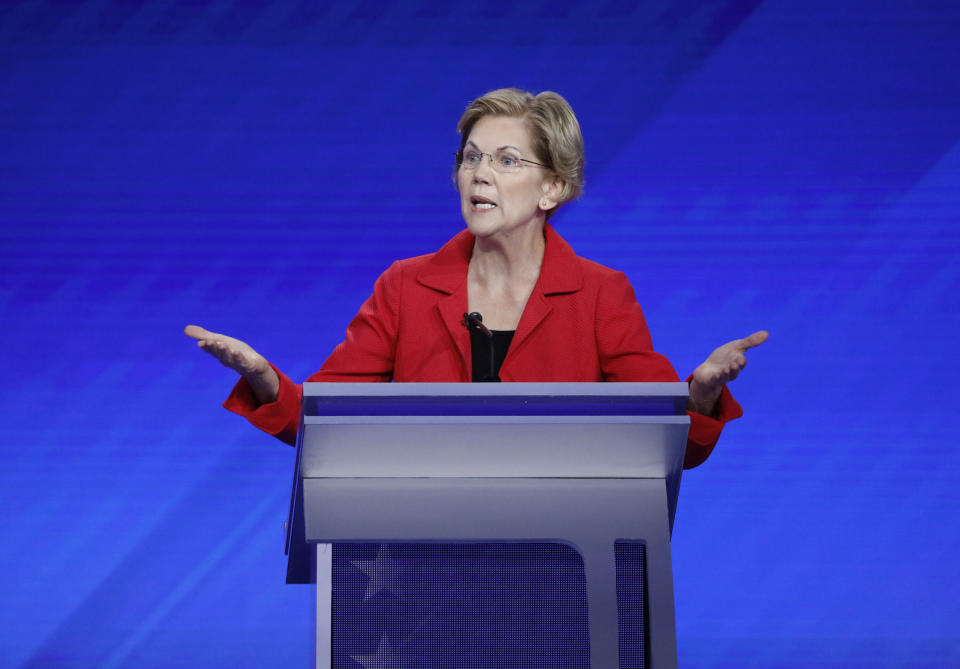 Presidential hopeful Sen. Elizabeth Warren (D-Mass.) tried to bring up child care during Thursday night's Democratic debate, but was cut off. (Photo: Heidi Gutman via Getty Images)