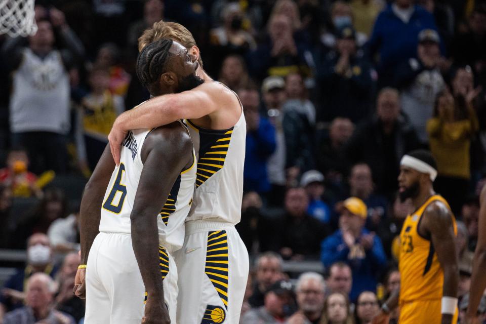 Jan 8, 2022; Indianapolis, Indiana, USA; Indiana Pacers forward Domantas Sabonis (11) and guard Lance Stephenson (6) celebrate a made basket in the second half against the Utah Jazz at Gainbridge Fieldhouse. Mandatory Credit: Trevor Ruszkowski-USA TODAY Sports