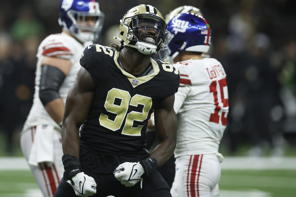 NEW ORLEANS, LOUISIANA – DECEMBER 17: Tanoh Kpassagnon #92 of the New Orleans Saints reacts during the second half of the game against the New York Giants at Caesars Superdome on December 17, 2023 in New Orleans, Louisiana. (Photo by Chris Graythen/Getty Images)