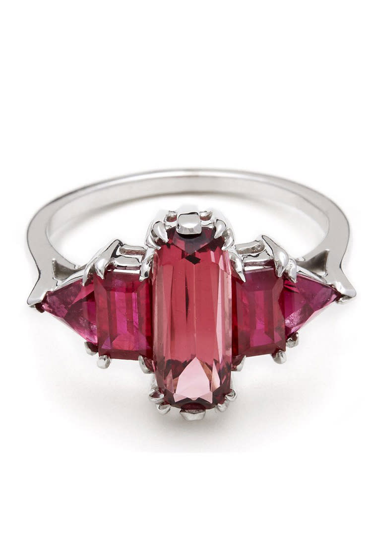 <p><em><a rel="nofollow noopener" href="https://www.annasheffield.com/collections/engagement/products/theda-ruby-red-engagement-ring" target="_blank" data-ylk="slk:Pink Tourmaline Theda Ring;elm:context_link;itc:0;sec:content-canvas" class="link ">Pink Tourmaline Theda Ring</a>, ANNA SHEFFIELD, $6,925</em><br></p>