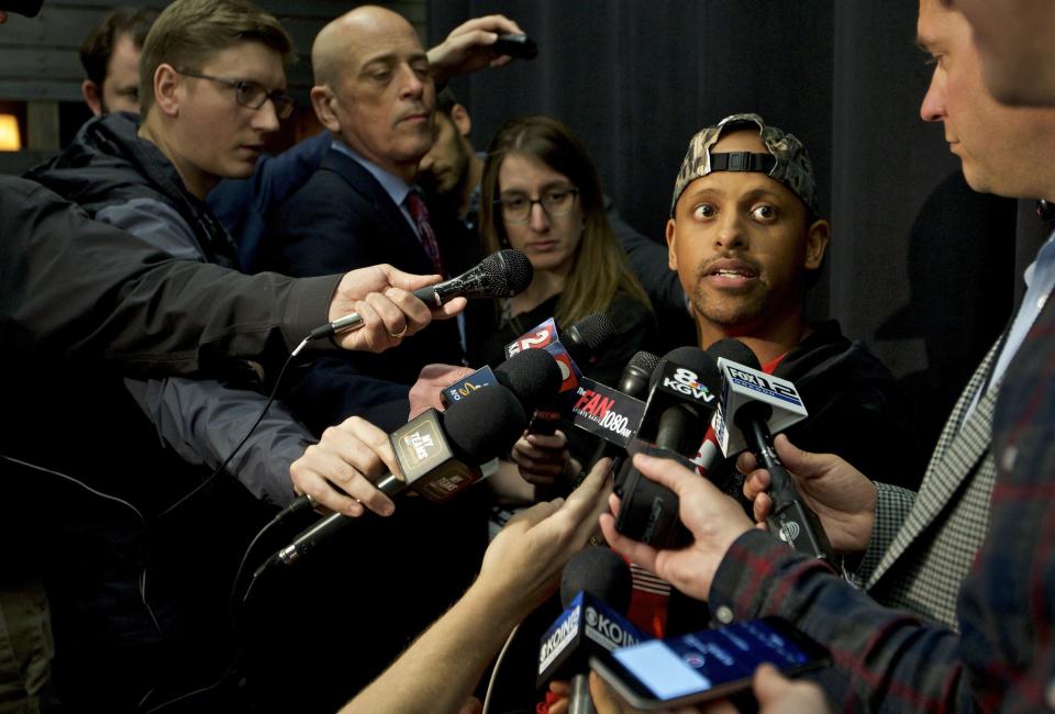 Parkrose High School football coach Keanon Lowe talks to reporters before Game 4 of the NBA basketball playoffs Western Conference finals between the Portland Trail Blazers and the Golden State Warriors on May 20, 2019, in Portland, Oregon. (Photo: ASSOCIATED PRESS)