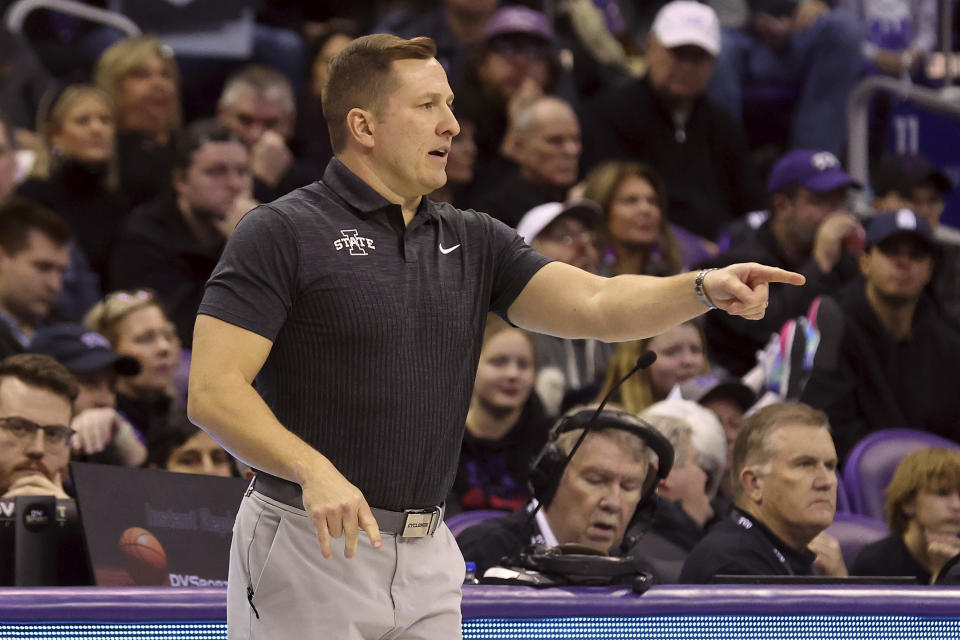 Iowa State head coach T. J. Otzelberger gestures on the sideline during the first half of an NCAA college basketball game against TCU, Saturday, Jan. 20, 2024, in Fort Worth, Texas. (AP Photo/Richard W. Rodriguez)