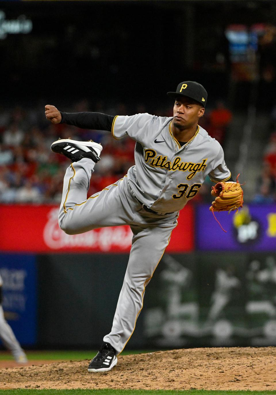 Apr 13, 2023; St. Louis, Missouri, USA;  Pittsburgh Pirates relief pitcher Dauri Moreta (36) pitches against the St. Louis Cardinals during the ninth inning at Busch Stadium. Mandatory Credit: Jeff Curry-USA TODAY Sports