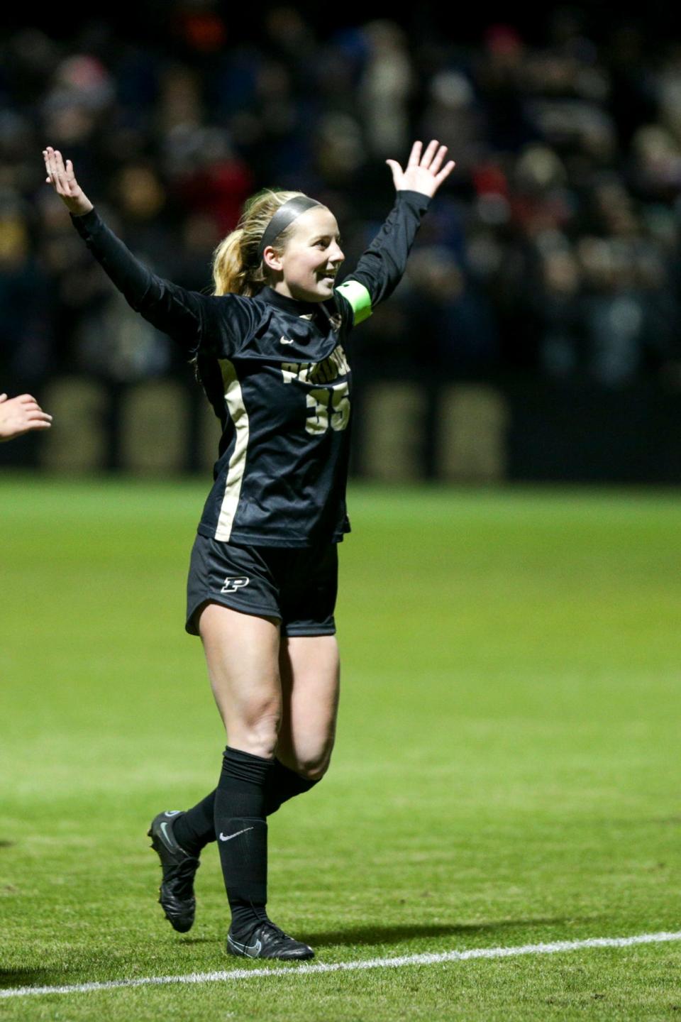 Purdue forward Sarah Griffith (35) celebrates a goal to defeat Loyola, 1-0, in overtime to win their NCAA women's soccer tournament first round game, Saturday, Nov. 13, 2021 at Folk Field in West Lafayette.