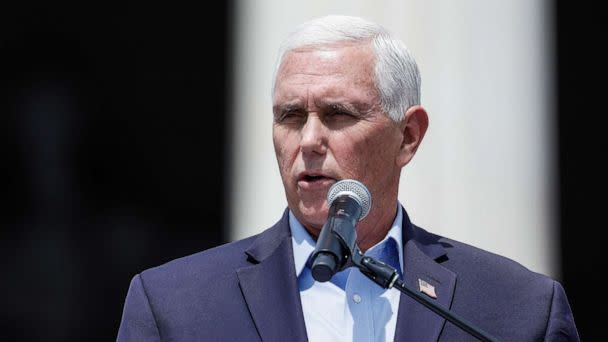 PHOTO: Republican presidential candidate and former Vice President Mike Pence speaks during a Celebrate Life Day rally outside the Lincoln Memorial, on June 24, 2023, in Washington, D.C. (Anna Moneymaker/Getty Images)