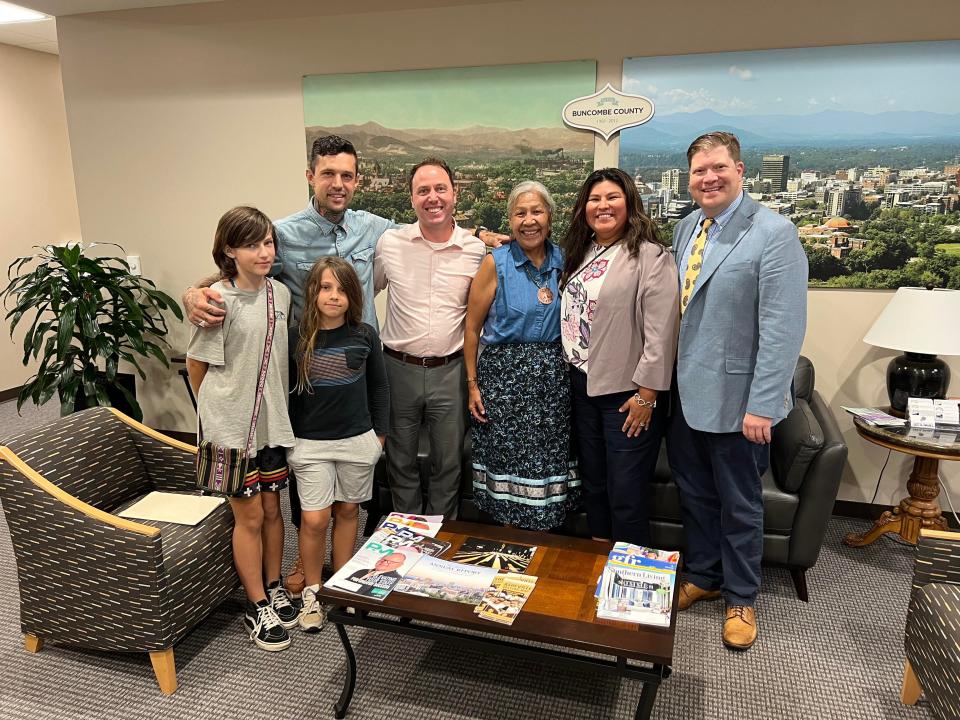 Supporters of the renaming of Clingmans Dome to the Cherokee "Kuwohi" after the vote including Jared Wheatley (in blue on left) Drew Reisinger, Mary Crowe, Lavita Hill and Chris Siewers.