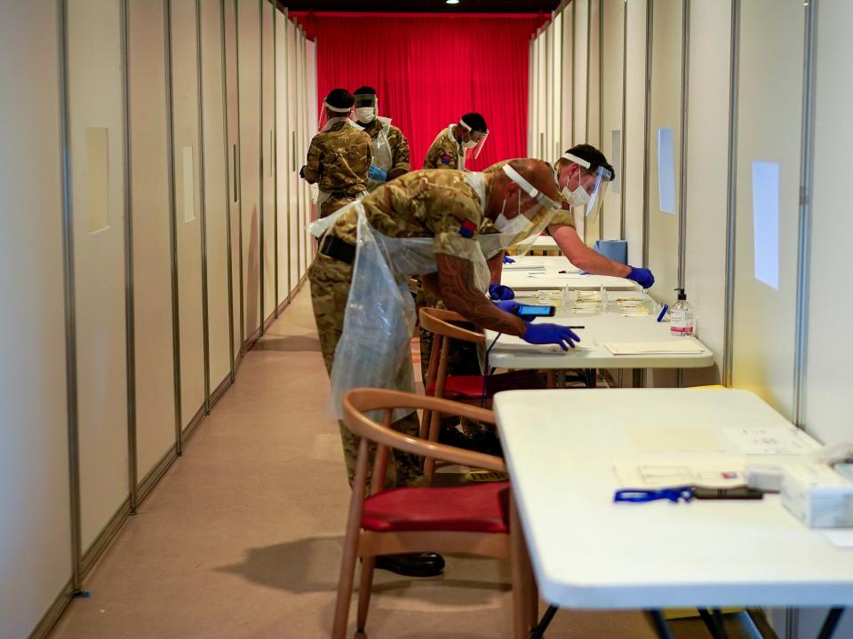 Soldiers at a coronavirus testing centre at Liverpool Football Club’s Anfield stadium (Getty Images)