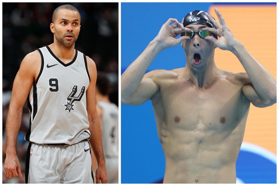 In side-by-side photos, Tony Parker looks on during a Spurs game while Michael Phelps adjusts his goggles before an Olympics race.
