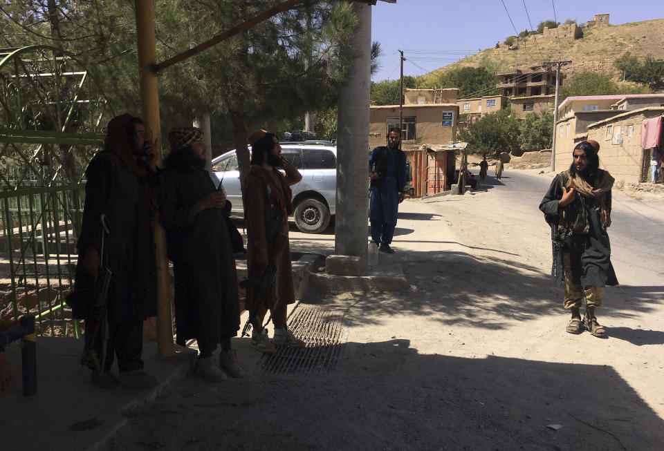 Taliban soldiers stand guard in Panjshir province northeastern of Afghanistan, Wednesday, Sept. 8, 2021. (AP Photo/Mohammad Asif Khan)