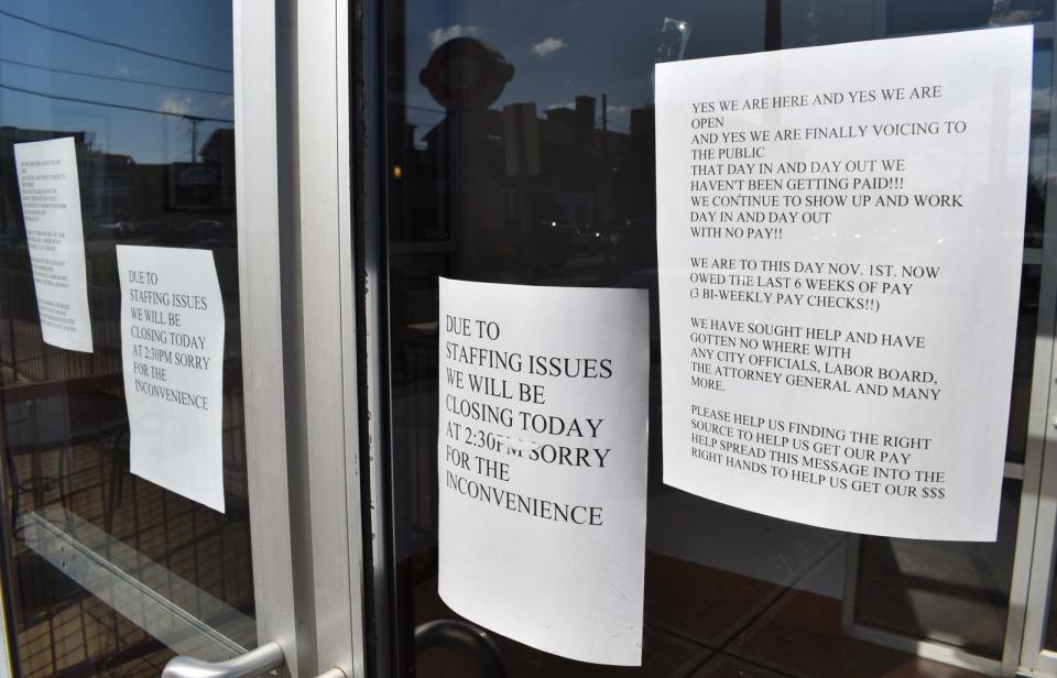 A signs on the door at Boston Market in Fall River notifies customers that workers have not been paid for weeks, on Friday, Nov. 3, 2023.