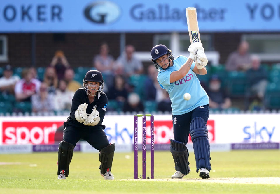 <p>England's Katherine Brunt bats during the third ODI at Uptonsteel County Ground, Leicester. Picture date: Tuesday September 21, 2021.</p>
