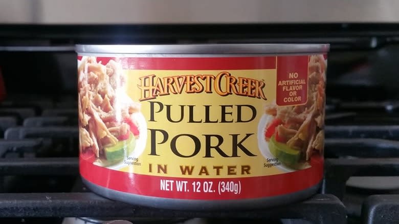 Harvest Creek Pulled Pork can on stove
