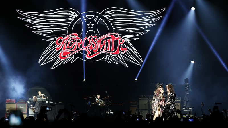 Steven Tyler, left, and Joe Perry of the American rock band Aerosmith performs on stage during their Global Warming World Tour concert in Vilnius, Lithuania, Wednesday, May 21, 2014. Aerosmith has announced plan for their final “Peace Out” tour.