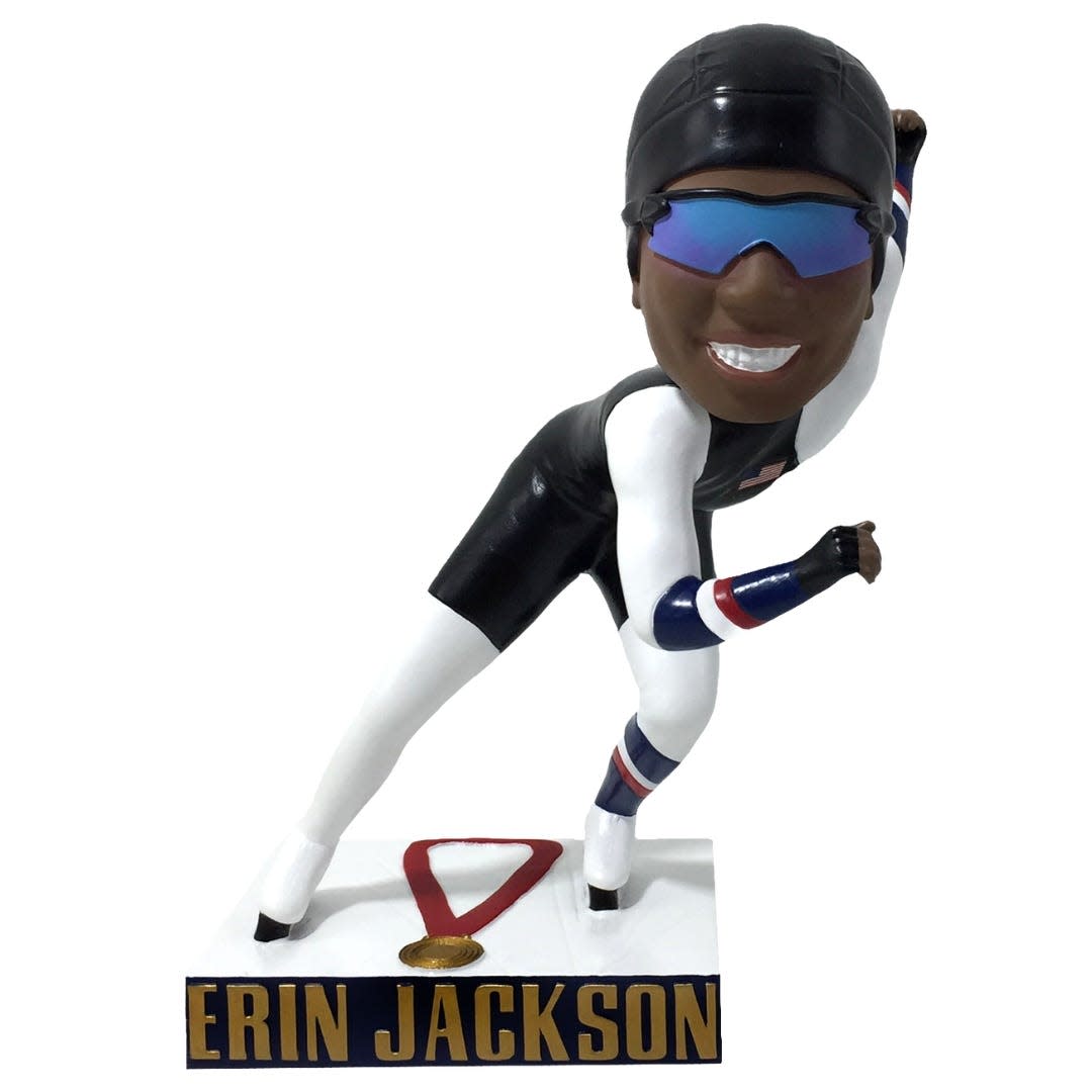 Erin Jackson has a bobblehead celebrating her gold medal during the 2022 Winter Olympics in Beijing.