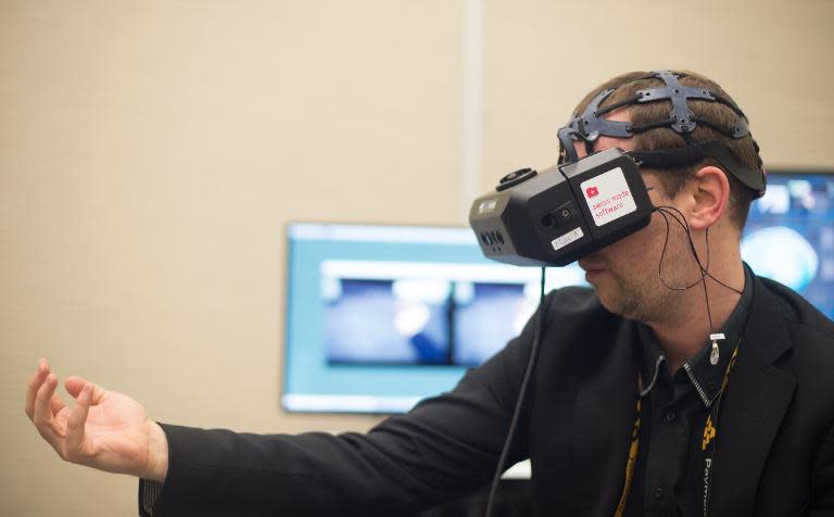 A virtual reality system is demonstrated at the Game Developers Conference in San Francisco, California on March 3, 2015