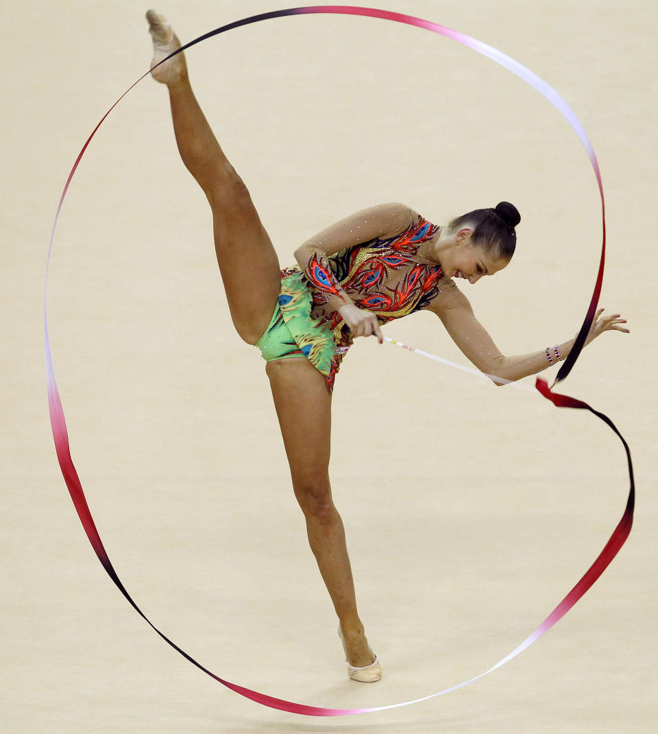 LONDON, ENGLAND - JANUARY 17: Daria Kondakova of Russia in action in the Individual All-Around during the FIG Rhythmic Gymnastics Olympic Qualification at North Greenwich Arena on January 17, 2012 in London, England. (Photo by Ian Walton/Getty Images)