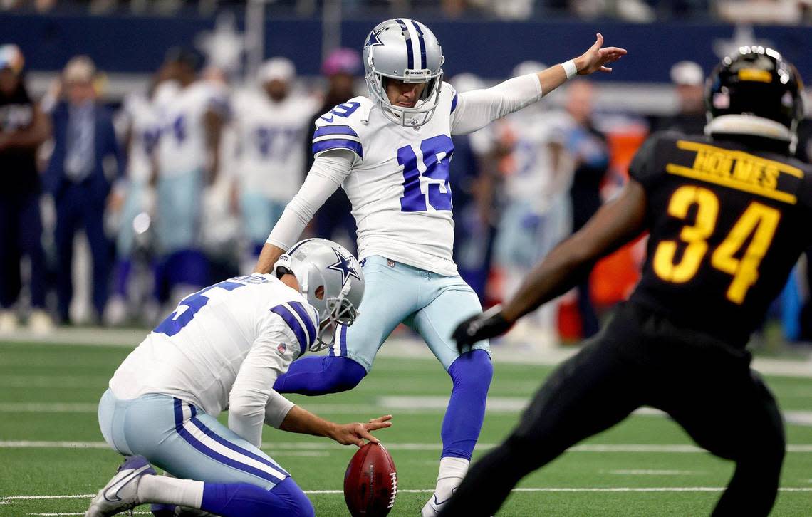 DALLAS COWBOYS kicker Brett Maher against the Washington Commanders on Sunday, October 2, 2022, at AT&T Stadium in Arlington.