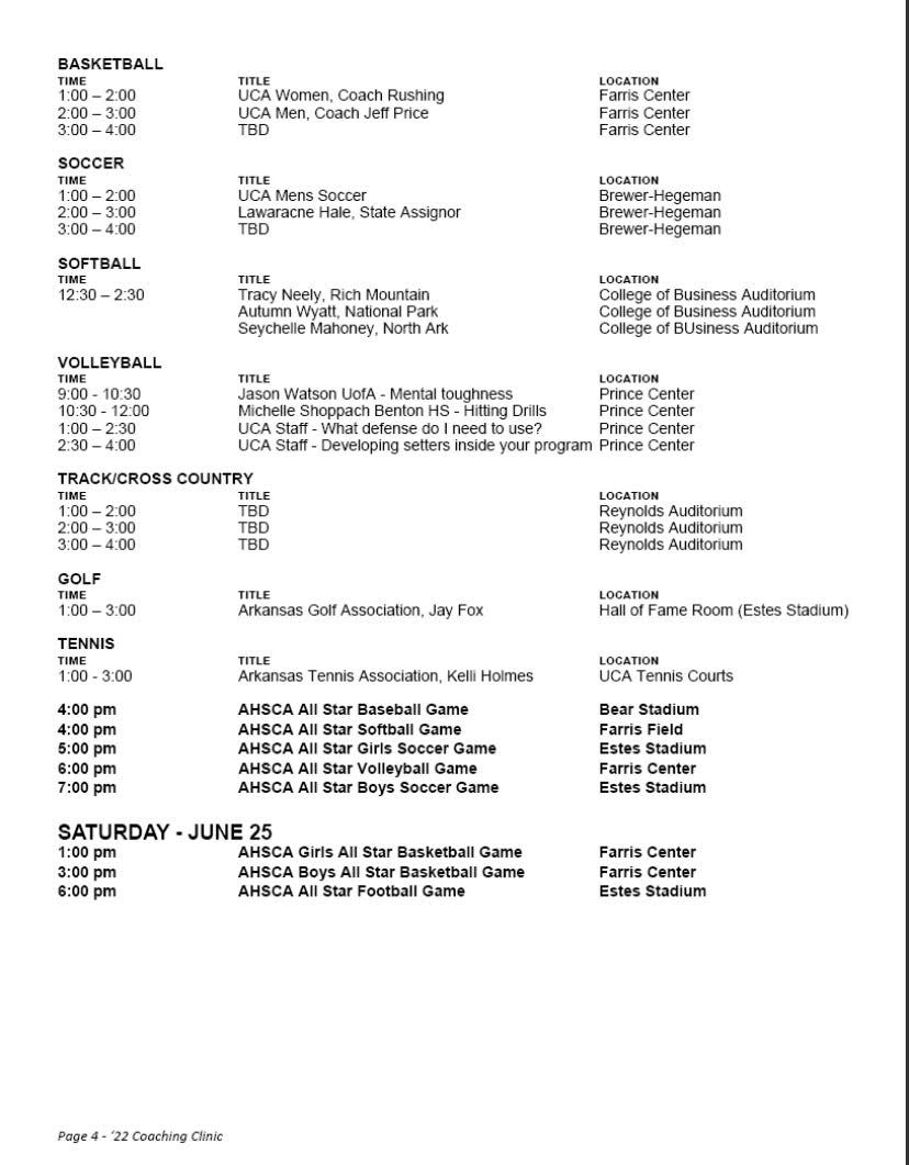 Here is the second page of the coaching clinic schedule for the 65th annual Arkansas High School Coaches Association All-Star Games.
