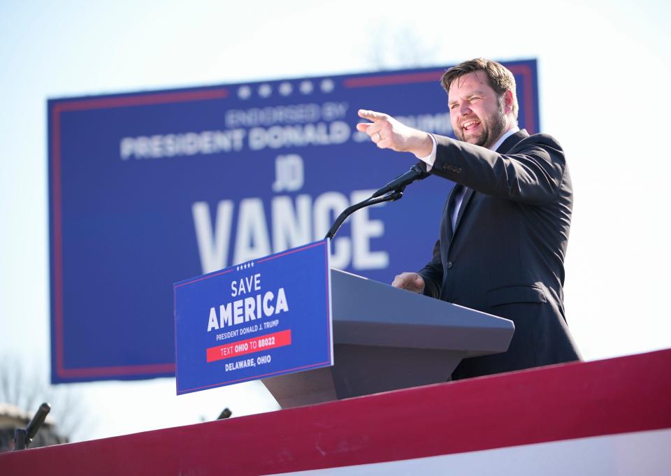 U.S. Senate candidate J.D. Vance speaks during a rally with former President Donald Trump at the Delaware County Fairgrounds on April 23, 2022.