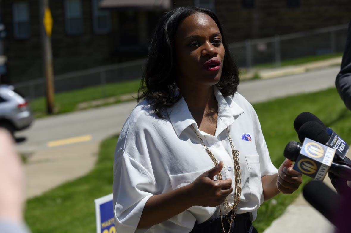 Pennsylvania Democratic U.S. Rep-elect Summer Lee talks to the press outside her polling station at the Paulson Recreation Center after voting with Pittsburgh Mayor Ed Gainey on May 17, 2022 in Pittsburgh, Pennsylvania. (Photo by Jeff Swensen/Getty Images)