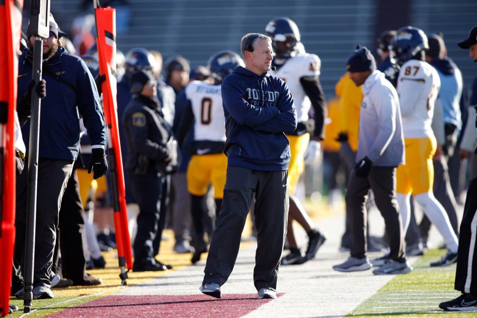 Toledo coach Jason Candle watches during an NCAA college football game against Central Michigan, Friday, Nov. 24, 2023, in Mount Pleasant, Mich.